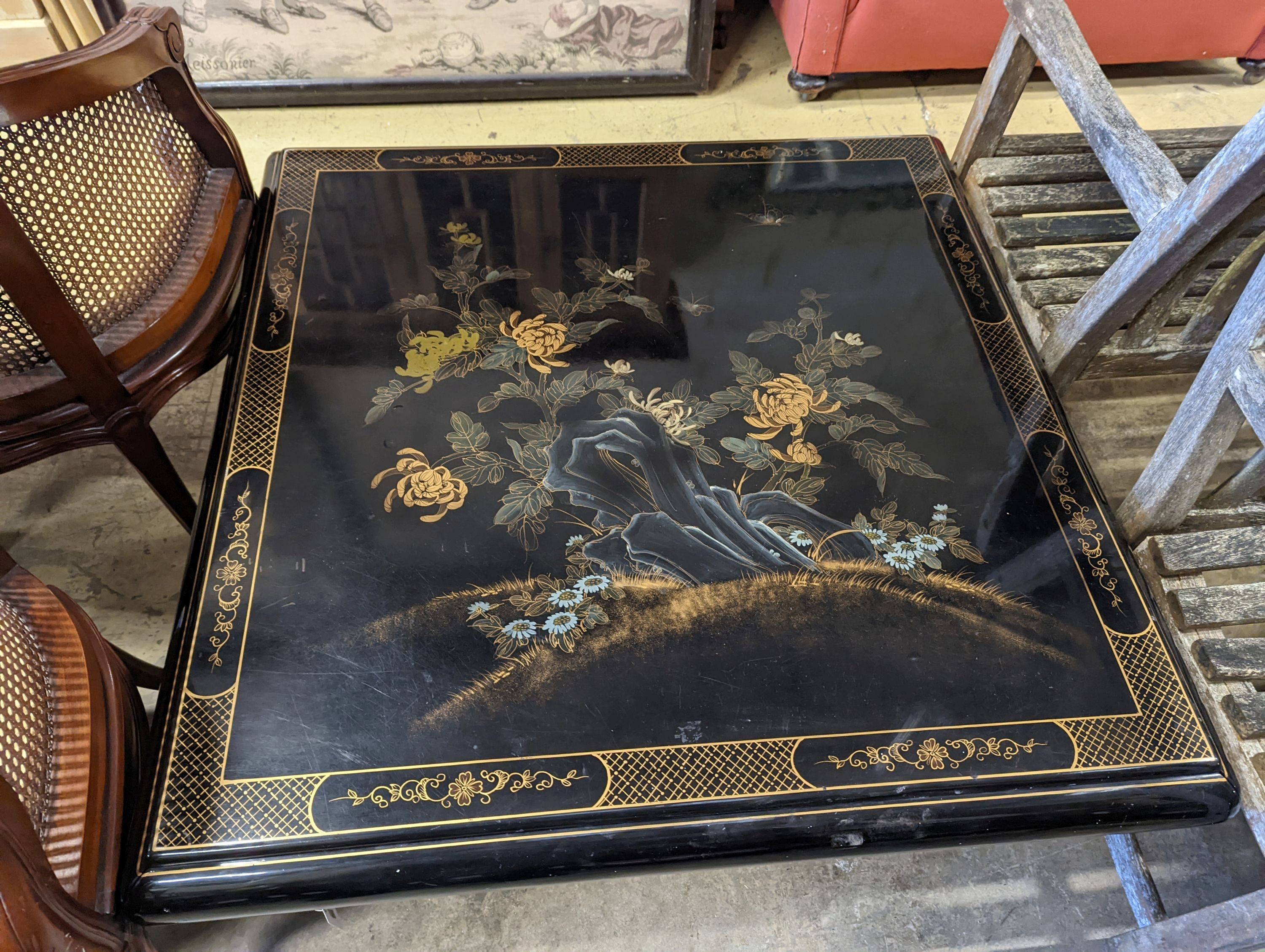 A chinoiserie lacquer square low table, length 104cm, height 46cm